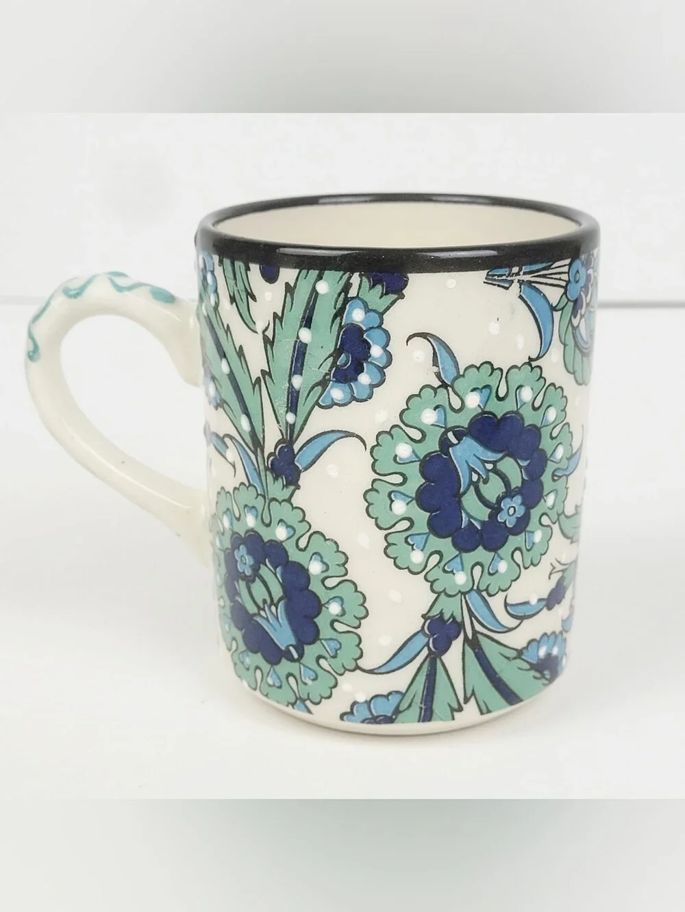 Nakkas Ceramic Hand Painted Mug~Iznik Style Turkey~Blue Green Floral~Set of 2